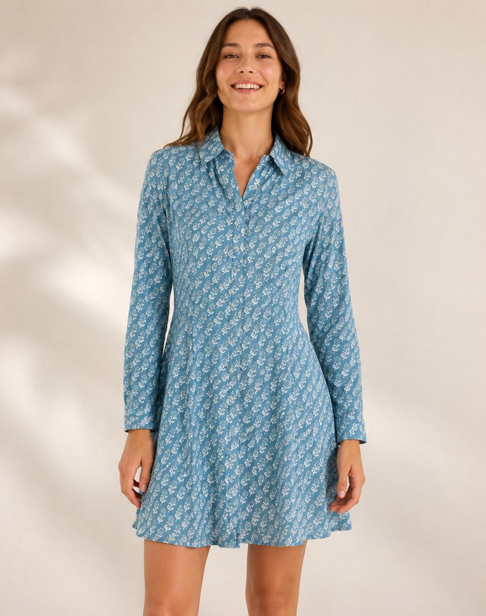 Livro Block Print Long Sleeve Button Front Mini Dress Blue Pockets Size XS